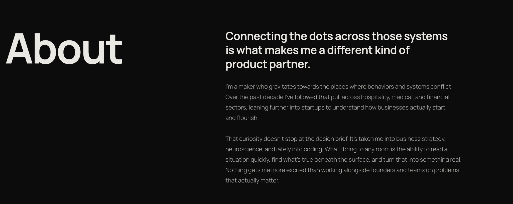 About section of Grace Lee's personal website describing her as a product partner